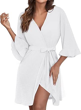 Ekouaer Women Waffle Robes 3/4 Sleeve Ruffle Knit Bathrobe Soft Lightweight Knee Length Robe Loungewear S-XXL