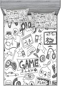 Ambesonne Video Games Fitted Sheet & Pillow Sham Set Monochrome Sketch Style Gaming Racing Monitor Device Gadget Teen 90's Decorative Printed 3 Piece Bedding Decor Set for, King Size, Charcoal Black