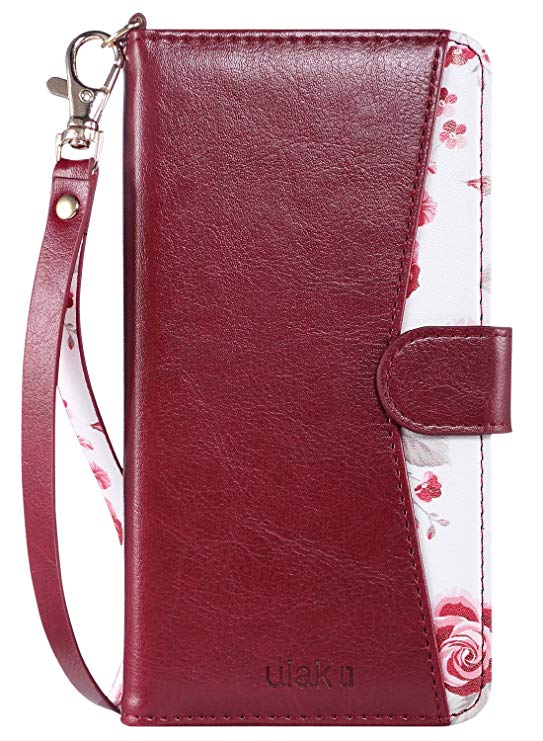 ULAK iPhone 8 Plus Case, iPhone 7 Plus Wallet Case,Floral PU Leather Wallet Case with Kickstand Card Holder ID Slot and Hand Strap Shockproof Rubber Cover for iPhone 7 Plus/8 Plus,Burgundy