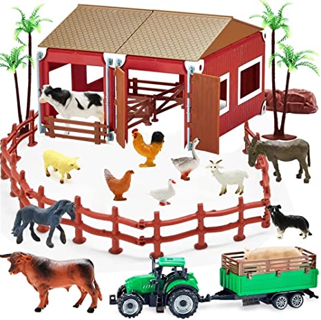 Mini Toy Barn Farm Toys Playset, 66PCS Plastic Farm Animals Figurines and Fence Farm Playset, Farm Figures Farmer Vehicle Toy Truck with Trailer for 3-12 Years Old Kids Boys Girls Toddlers