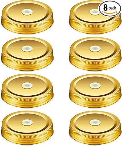 8 Pieces Stainless Steel Regular Mouth Mason Canning Jar Lids with Straw Hole Leak Proof Reusable Jar, 2.7 Inch (Gold)