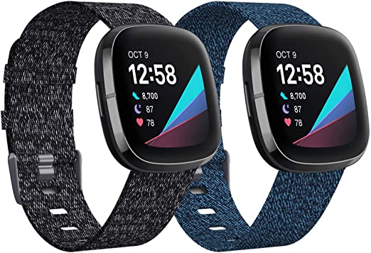 KIMILAR 2 Pack Bands Compatible with Fitbit Versa 3 / Fitbit Sense Bands, Small Large Soft Woven Fabric Breathable Accessories Strap Replacement Wristband Women Men for Versa 3 / Sense Smart Watch