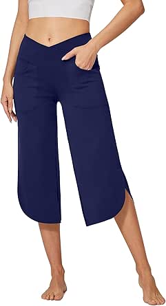 G4Free Capri Pants for Women Wide Leg Yoga Pants for Summer Flowy Capris Loose Casual Cropped Pants with Pockets 21"/29"