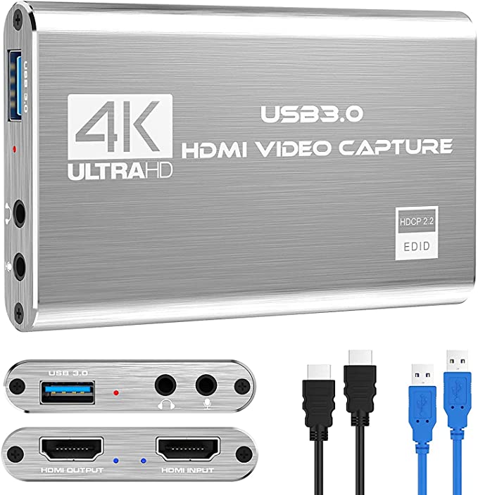 DIGITNOW Audio Video Capture Card,4K HDMI USB 3.0Capture Adapter Video Converter 1080P 60fps Portable Capture Device for Video Game Recording Live Streaming Broadcasting,Support Camera PS4 Xbox-Silver