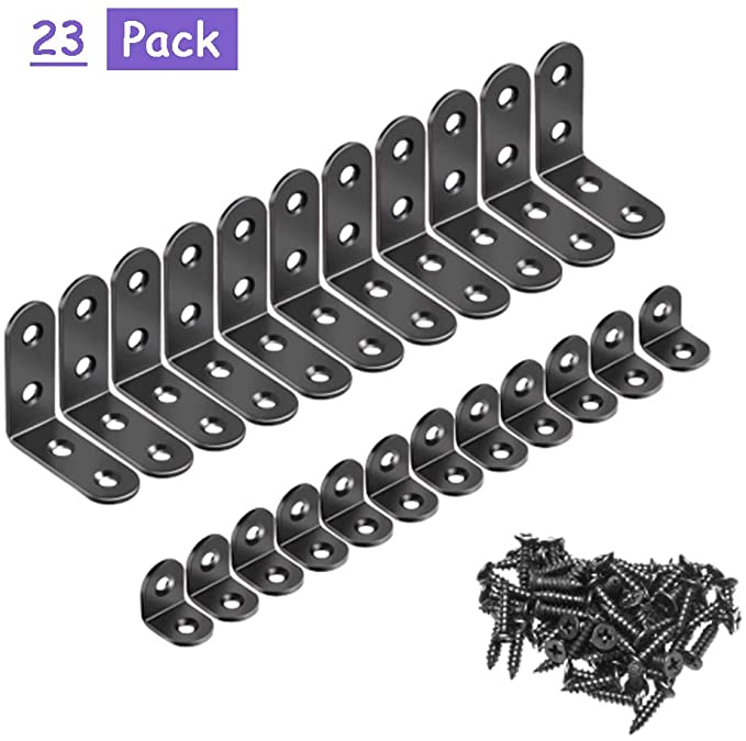 23Pack Black L Corner Braces Stainless Steel 90 Degree Angle Joint Bracket Fastener with Screws for Wood Bookcase Bed Chair Cabinet Furniture