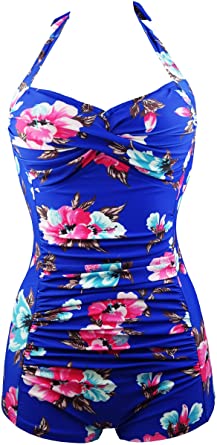 COCOSHIP Women's Elegant Floral Retro Boy-Leg One Piece Ruched Maillot Front Twist Swimsuit(FBA)