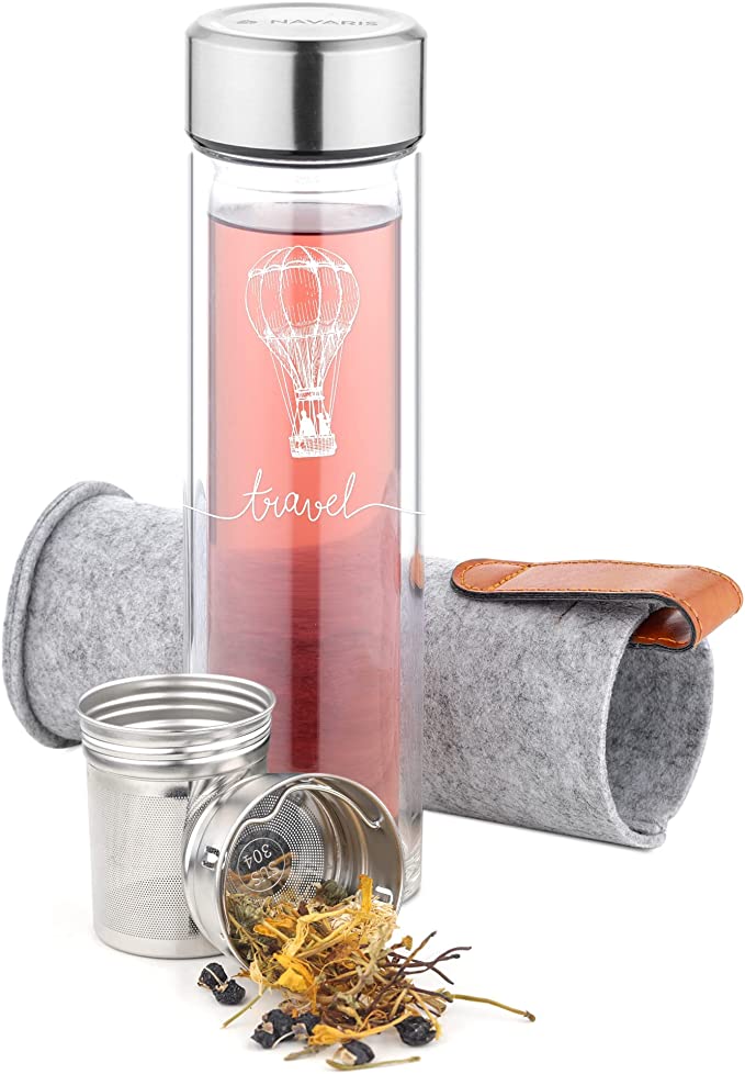 Navaris Glass Water Bottle 500ml - Double Walled Borosilicate Glass Tea Bottle with Stainless Steel Removable Infuser Lid Felt Sleeve - Travel Design