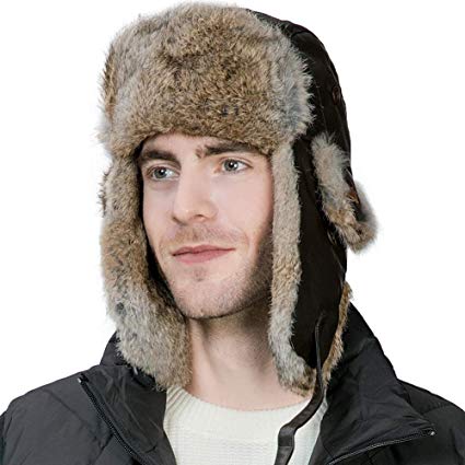 SIGGI Unisex 100% Rabbit Fur Trapper Ushanka Russian Hat Nylon Shell Windproof