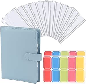 FYY A5 Binder Notizbuch,6 Ringe PU Leder A5 Loseblatt Binder mit 12 Klar Binder Taschen und 20 Etikettenaufklebern,Planner A5,Budget Planner A5 Notebook Cover für Büro,Schule,Reisen,Tagebuch- Blau