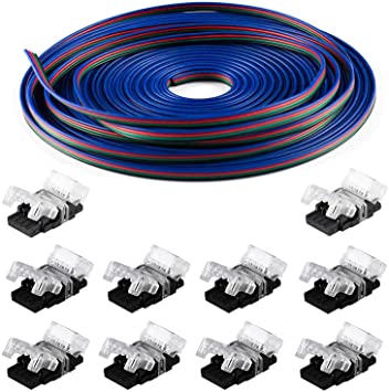 BZONE 10 Pack LED Strip Connector with 16.4FT Extension Cable for Non-Waterproof 4 Pin 5050 RGB LED Strip Lights, Strip to Wire Quick Connection, 22-20 AWG
