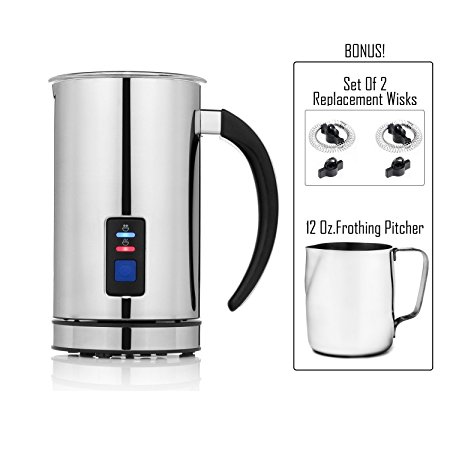 Chef's Star Premier Automatic Milk Frother, Heater and Cappuccino Maker   Extra Set Of 2 Universal Whisks and 12 Ounce Stainless Steel Frothing Pitcher
