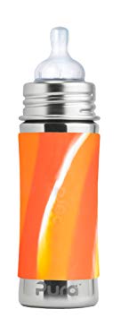 Pura Kiki 11 Oz / 325 Ml Stainless Steel Infant Bottle with Silicone Medium-Flow Nipple & Sleeve, Orange Swirl(Plastic Free, Nontoxic Certified, Bpa Free)