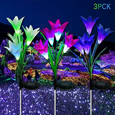 Solar Flower Lights LED Outdoor Garden Flower Lights Multi-Color Changing LED Solar Decorative Lights- 3 Pack with 12 Lily Flowers Garden Patio Backyard