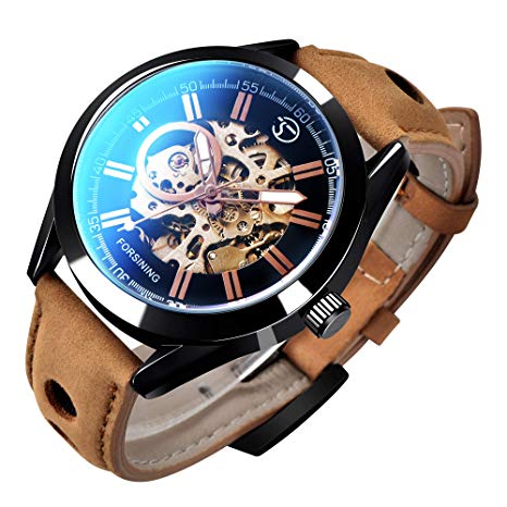 Gute Mechanical Watch Skeleton Automatic Men's Business Analog Casual Brown Leather Strap Black Dial
