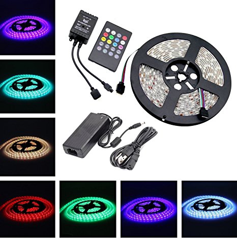 Topled Light® Music Led Strip Light,IR Music Sound Activated 5M 5050 RGB Waterproof 300LEDs RGB Flexible Color Changing LED Strip Kit with 20-key Music Sound Sense IR Controller   12V 6A Power Supply