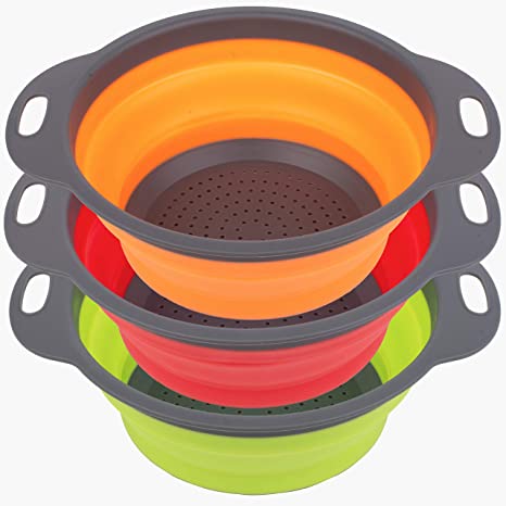 POPCO Collapsible Colanders Set of 3 Large (4 Quart) Silicone Kitchen Strainer Set - Perfect for Draining Pasta, Vegetables, and fruit (Round)