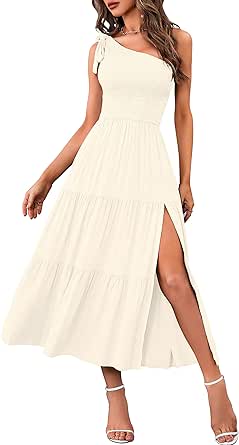 MEROKEETY Women's Summer One Shoulder Sleeveless Knot Smocked Midi Dress Split Tiered Flowy Dresses