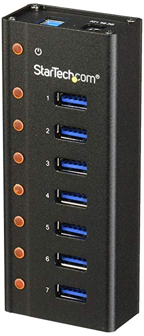 StarTech.com 7 Port USB 3.0 Hub - Metal Enclosure - Desktop or Wall Mountable - USB 3 Hub - USB Extender - Powered USB 3.0 Hub - USB Splitter, Black (Metal) - ST7300U3M