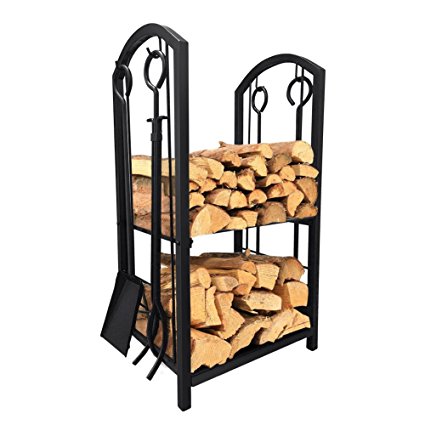 Fireplace Log Rack with 4 Tools Indoor Outdoor Fireside Firewood Holders Lumber Storage Stacking Black Wrought Iron Logs Bin Holder for Fireplace Tool set Brush Shovel Poker Tongs 15.8 x 29.1 x 11.8in