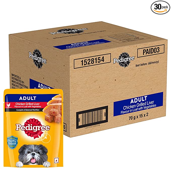 Pedigree Adult (1  Years) Wet Dog Food, Chicken Grilled Liver in Loaf Flavour with Vegetables, 30 x70g