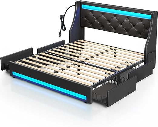 Rolanstar Queen Bed Frame with 4 Storage Drawers, Charging Station and LED Lights, PU Leather Platform Bed with Heavy Duty Wooden Slats, No Box Spring Needed, Noise Free, Easy Assembly, Black