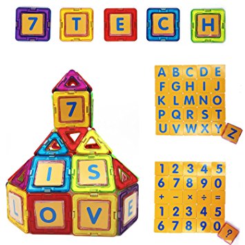 7TECH Magnetic Tiles 91 Pieces Set B 3D Blocks Building , For Toddler, Preschooler For Brain Development and Endless Fun Letter Cards Included