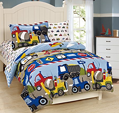 Mk Collection Twin Size Trucks Tractors Cars Kids/boys 5 Pc Comforter and Sheet Set Blue Red Yellow New (Twin, Trucks)
