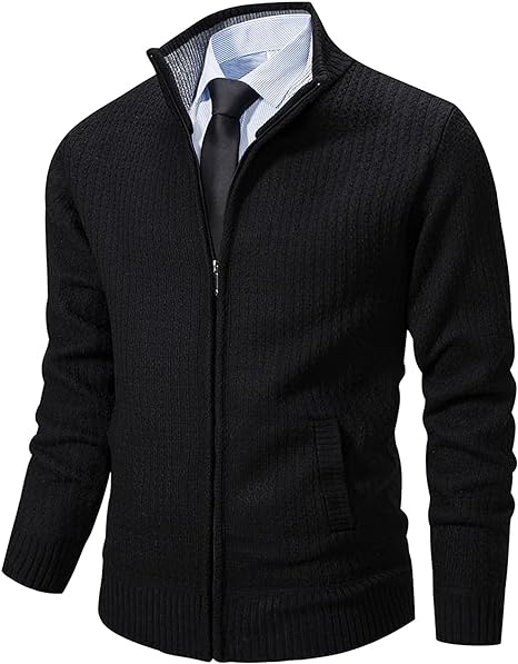 RongYue Men's Cardigan Sweaters Casual Knitted Full Zip Up Stand Collar Slim Fit Sweaters with Pockets 2023