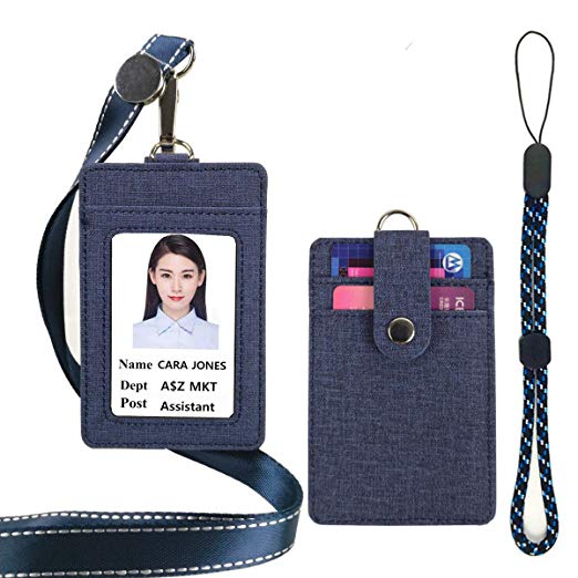 Lucstar ID Badge Holder with Lanyard,Handhold Cellphone Strap,2 Back Slots Security Snap, Durable PU Leather Linen Finish, Cute Design Card Holder for Women Men Work/Student ID Card(Deepblue)
