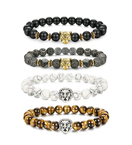 LOLIAS 4 Pcs Lava Rock Bead Bracelet for Men Leopard Lion bracelet Set Adjustable 8MM Beads