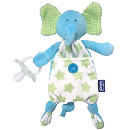 Chicco Pocket Buddies Soft Pacifier Holder-Lovey, Soothing Plush Toy Animal 0m , Elephant