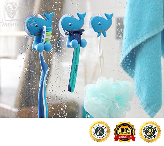 MiniOwls Bath Combo - Set of 4 Toothbrush Holders & 2 Hooks with Blue Whale Suction Cups. Best Bathroom Organizer -3% is Donated to Autism Foundation