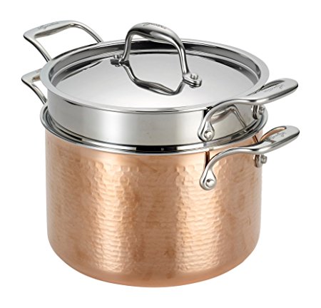 Lagostina Q5544864 Martellata Tri-ply Hammered Stainless Steel Copper Dishwasher Safe Oven Safe Pasta Pot with Lid and Pasta Insert Cookware, 6-Quart, Copper