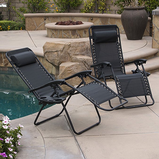 Belleze 2-Pack Zero Gravity Chairs Patio Lounge  Cup Holder/Utility Tray (Black)