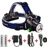 GRDE Zoomable 3 Modes 1800 Lumens Super Bright LED Headlamp with Rechargeable Batteries and Car Charger and AC Charger and USB Cable