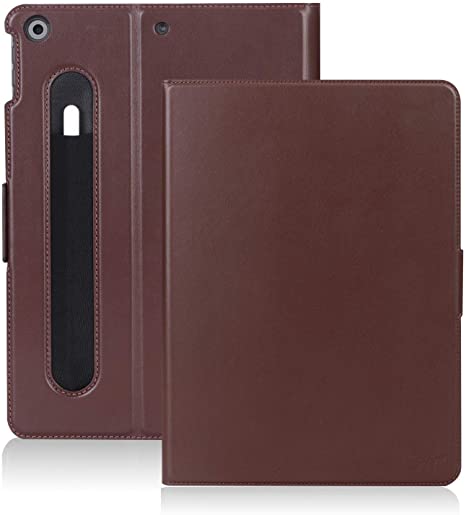 Fyy iPad 10.2 2019 Case, iPad 7th Generation Case, Cowhide Genuine Leather Handcrafted Case Cover with [Auto Sleep-Wake Function][Elastic Pencil Pouch] for Apple iPad 10.2 2019 Brown