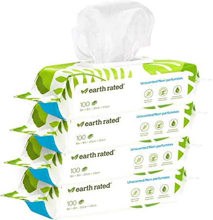 Earth Rated Dog Wipes, Plant-Based and Compostable Wipes for Dogs & Cats, USDA-Certified 99 Percent Biobased, Hypoallergenic, 8x8 Deodorizing Grooming Pet Wipes for Paws, Body and Butt