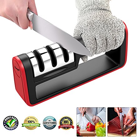 TangN Kitchen Knife Sharpener,3-Stage Knife Sharpening Tool Helps Repair, Restore and Polish Blades Chefs and Pocket Knives  Free Cut-Resistant Glove (Black and Red)