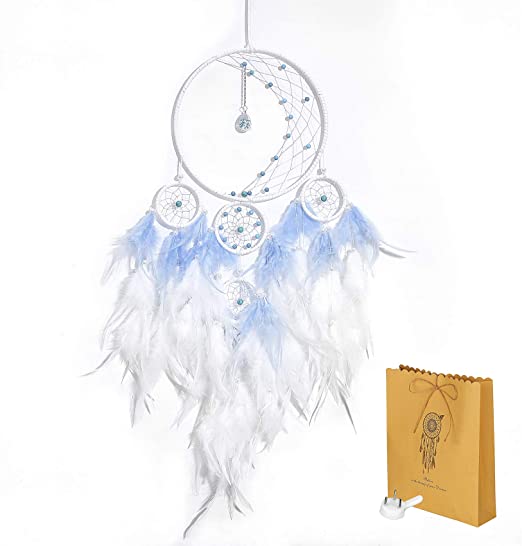 ChasBete Dream Catcher for Girl Blue and White Large, Handmade Romantic Unique Dreamcatcher Pendant Beads and Feathers Wall Ornament Gift for Bedroom