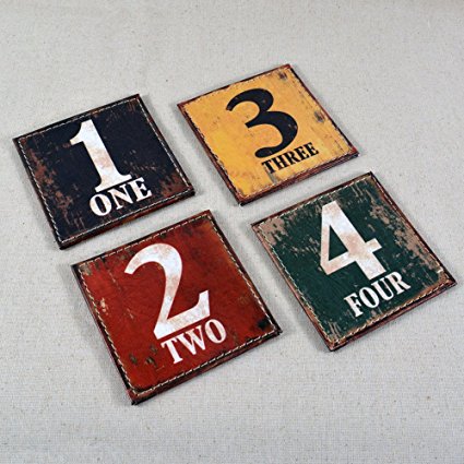 LINKWELL Shabby Chic Look Colorful Numbers PU Leather Printed Set of 4 Coasters