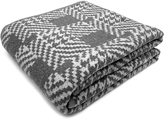 PuTian Merino Wool Camp Blanket - Warm, Thick, Washable, Large Throw - Great for Outdoor Camping (63" X 87", Houndstooth Grey)
