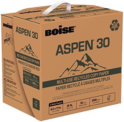 BOISE ASPEN 30% Recycled SPLOX Multi-Use Copy Paper, 8.5" x 11" Letter, Speed Loading Reamless Easy Carry Box, 92 Bright, 20 lb, 3-Hole Punch, (2,500 Sheets)