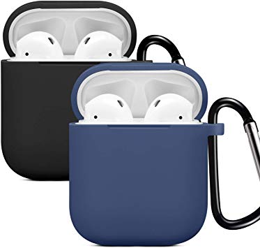 Compatible Airpods Case Cover, Silicone Protective Skin for Apple Airpod Charing Case Compatible with Airpod Cases 2 and 1 with Magnetic Headphone Strap and Keychain (2Pack)-Navy Blue/Black