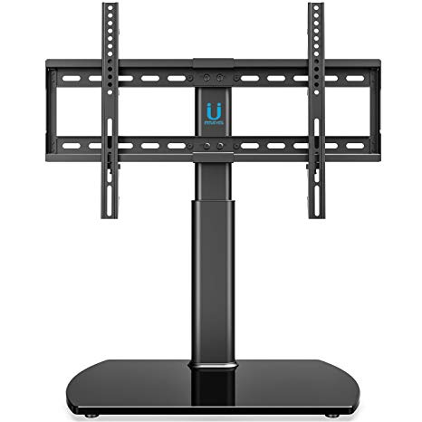FITUEYES Universal TV Stand/Base Tabletop TV Stand with Wall Mount for 32 to 65 inch Flat Screen 3 Level Height Adjustable, Heavy Duty Tempered Glass Base, Holds up to 110lbs Screens TT107001GB