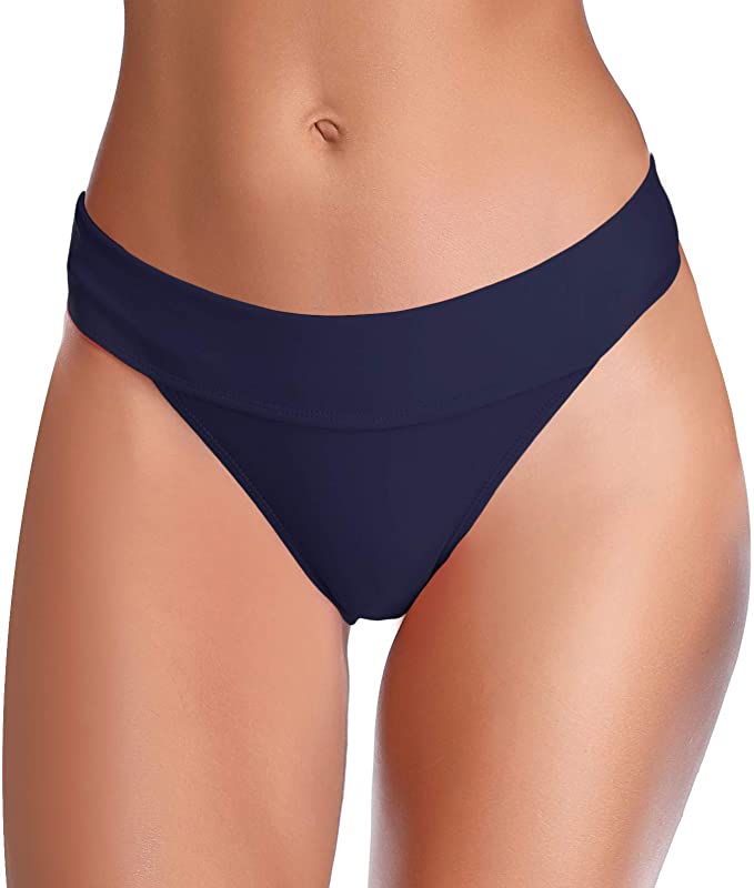 SHEKINI Women's Fold Over Solid Waistband Swimwear Brazilian Thong Bikini Bottom