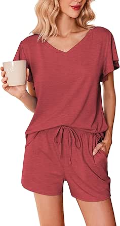 Ekouaer Women's Pajamas Set Ruffle Sleeves Sleepwear V Neck Comfy 2 Piece Pjs Loungewear Set with Pockets S-XXL