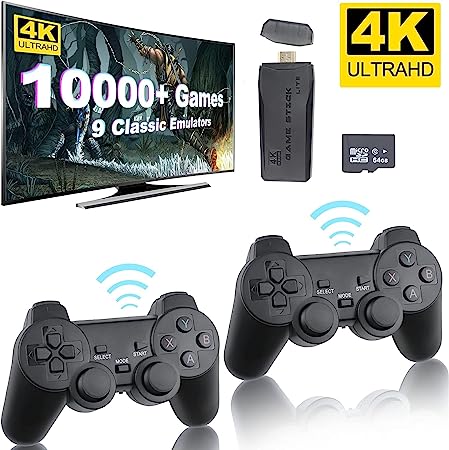 Wireless Retro Game Console, Retro Game Stick, Nostalgia Stick Game, 10,000  Games & 9 Emulators Built in, Plug and Play Video Games for Tv 4K HDMI, 2.4g Wireless Controllers (64G)