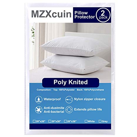 MZXcuin Hypoallergenic Waterproof Pillow Protectors, Dust Mite Bed Bug Proof Zippered Pillowcase Covers Queen Size 2 Pack - White