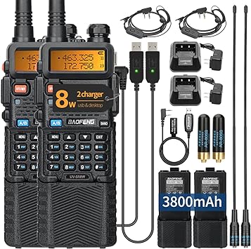 BAOFENG UV-5R 8W High Power Ham Radio Dual Band Portable Two Way Radio Long Range Rechargeable Handheld Radio Full Kit(Black-2Pack Full Set)