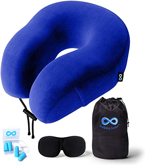 Everlasting Comfort Travel Pillow - 100% Pure Memory Foam Neck Pillow - Includes Eye Mask and Earplugs (Blue)